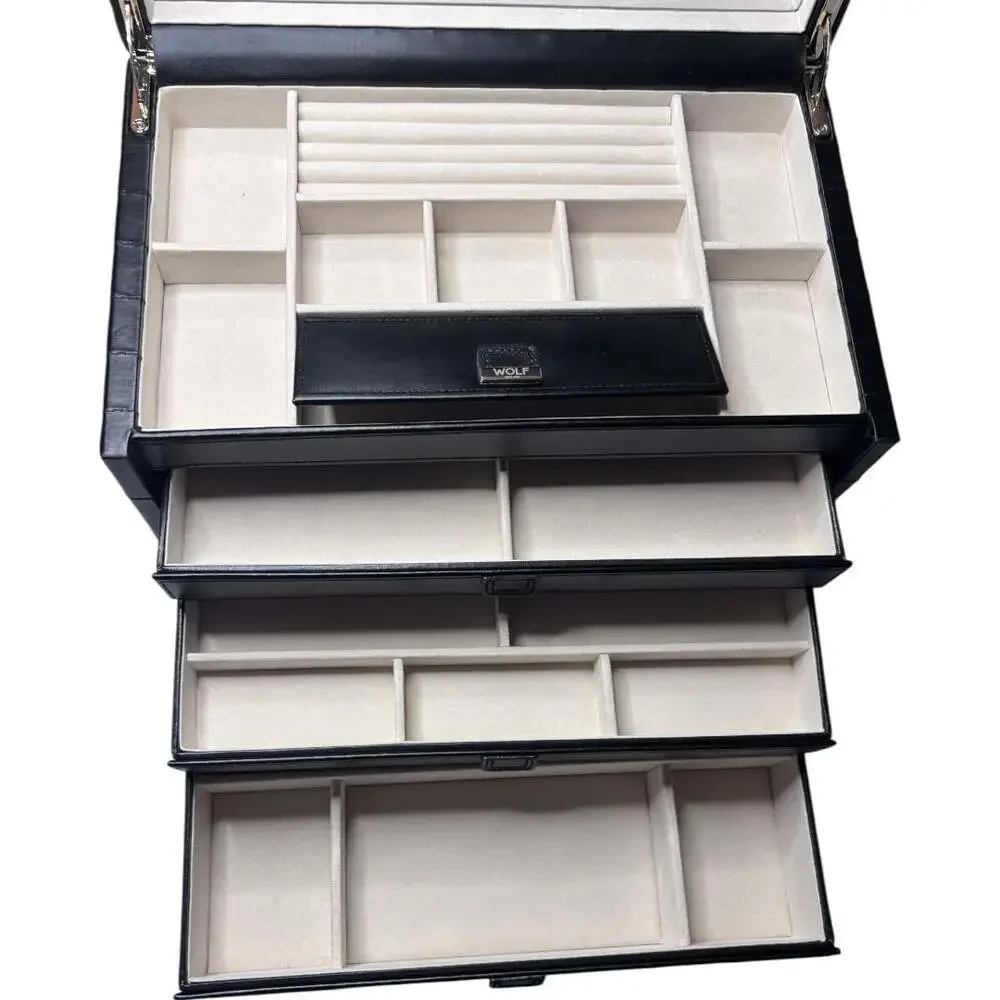 NWT WOLF Caroline Large Quilted Leather Jewelry Box in Black